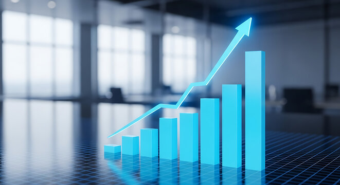 Blue 3d bar chart showing upward trend and growth with arrow