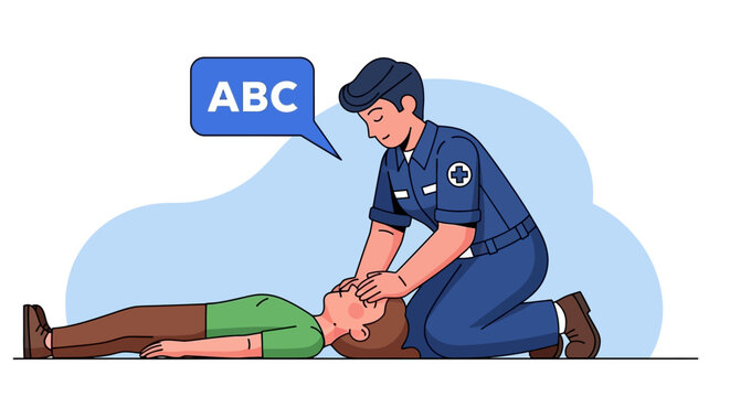 Paramedic performing cpr on an unconscious person lying on the ground, demonstrating chest compressions, with speech bubble showing abc indicating airway, breathing, circulation