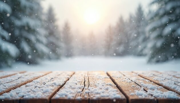 Snow covered wooden table foreground. Blurred winter forest background with soft sun light. Falling snowflakes create magical atmosphere. Perfect for holiday season promotions product placement.