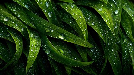 Fototapeta premium Ultra-realistic, top-down macro photograph of a lush, dense carpet of perfectly manicured dark green grass, with sparkling droplets of morning dew.
