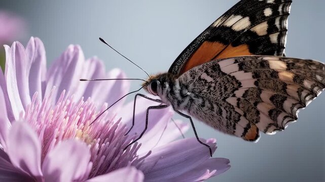 Close-up of a Painted Lady butterfly perched on a vibrant purple aster flower, showcasing intricate wing patterns and delicate antennae against a soft, blurred background, capturing the essence of na.
