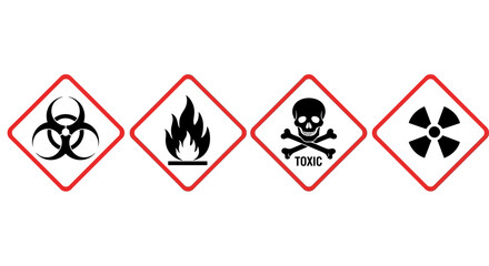 Set hazard symbols including biohazard, flammable, toxic, and radioactive warning signs
