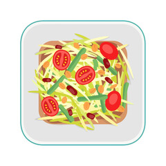 A vibrant top-down vector illustration of Thai Som Tum salad featuring shredded green papaya, red cherry tomatoes, long beans, and roasted peanuts arranged on a square plate for a fresh, zesty meal