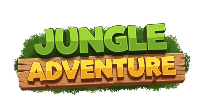 A vibrant 'Jungle Adventure' title graphic with green grassy text and orange letters on a wooden plank, isolated on a white background.