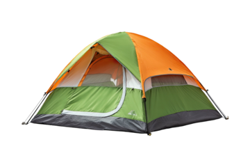 Colorfully designed tent with orange and green panels. Great for outdoor camping