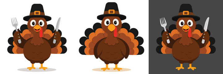Three variations of a cute cartoon Thanksgiving turkey character wearing a Pilgrim hat. Includes a turkey holding a fork and knife on white, a plain turkey on white, and a turkey holding utensils on a