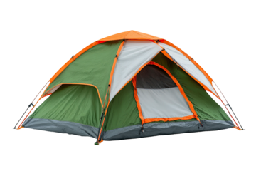 A vibrant, colorful dome-style tent with green, orange, white, and gray components