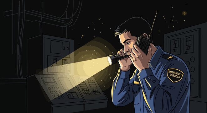 Security guard in uniform with flashlight and radio in dark control room, illuminated by beam light, surveillance and safety concept