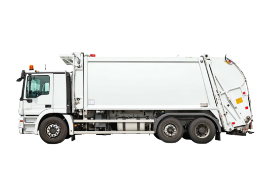 A side view of a white sanitation truck with a large compartment for waste disposal