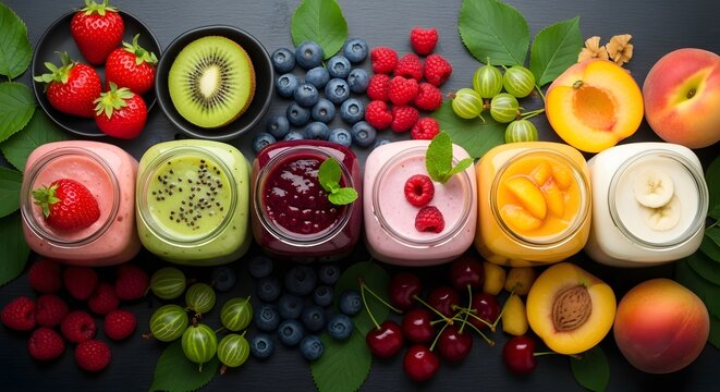 Colorful yogurt jars with fresh fruits and berries