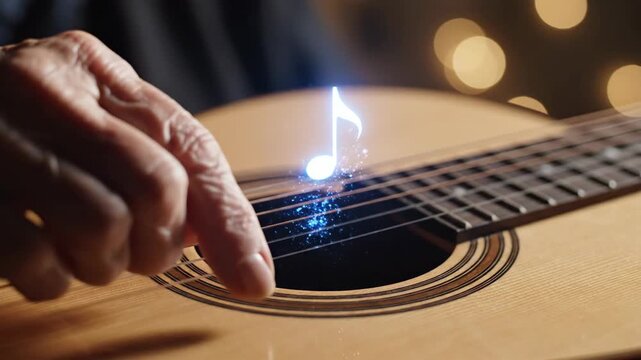 Elderly hands touching acoustic guitar sound hole igniting blue spark then emerging musical note. Magical music creation concept for creative advertising inspiration footage.