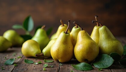 Several ripe pears sit on a rustic wooden table. Their textured skins vary from yellow to green, with fresh leaves scattered around. This natural still life suggests a healthy harvest.