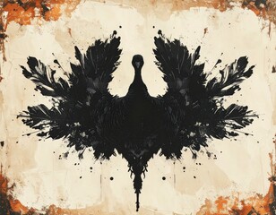 Abstract black bird inkblot artwork with rustic grunge background texture digital painting