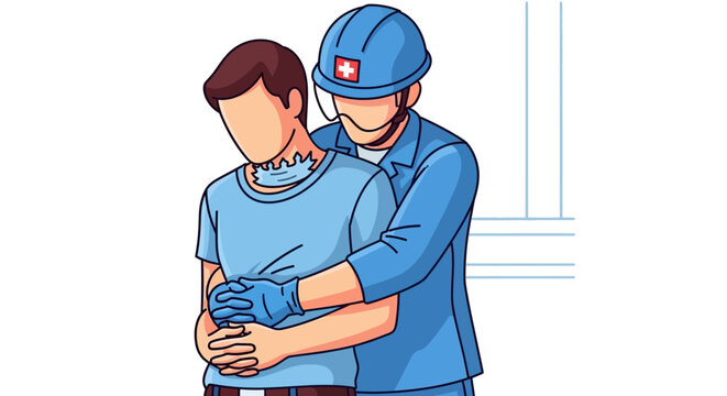 Rescuer in blue uniform and helmet performs the heimlich maneuver on person in distress, demonstrating lifesaving first aid techniques and emergency medical assistance in critical situation