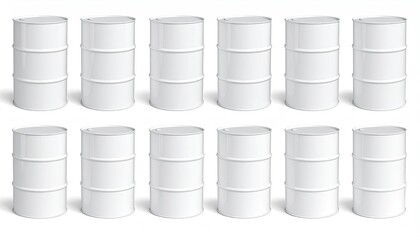 Twelve identical white metal barrels arranged in a grid