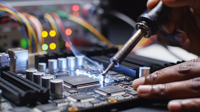 Extreme closeup macro of soldering iron melting components on glowing circuit board. Technician hands applying precision heat in electronics repair process. Conceptual footage for technology