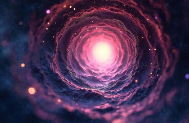 Fototapeta premium Abstract cosmic tunnel vortex with glowing light at end. Swirling nebulae clouds, tiny stars drift through deep space. Hyperspace journey through galaxy.