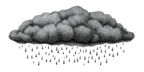 A grayscale illustration of a dark, rain-filled cloud on a stark black background