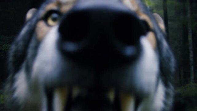 lobo gris realista emerge r&aacute;pidamente de un bosque oscuro y denso, mirando fijamente a la c&aacute;mara. El lobo se detiene brevemente, da un gru&ntilde;ido bajo, con la boca bien abierta.