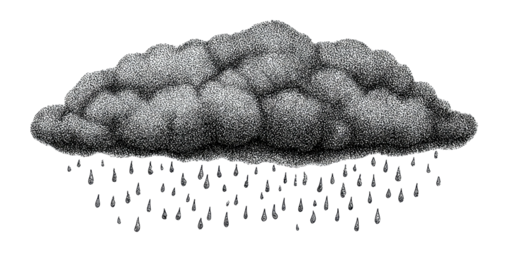 A grayscale illustration of a dark, rain-filled cloud on a stark black background