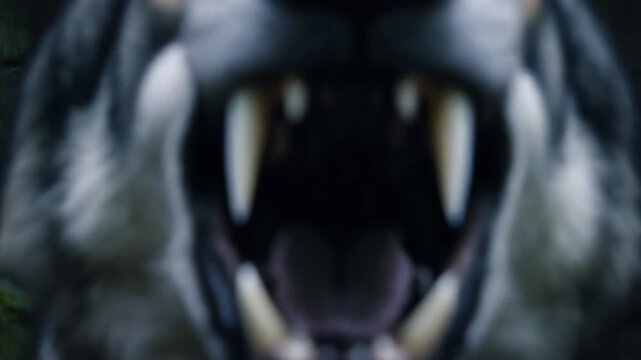 lobo gris realista emerge r&aacute;pidamente de un bosque oscuro y denso, mirando fijamente a la c&aacute;mara. El lobo se detiene brevemente, da un gru&ntilde;ido bajo, con la boca bien abierta.