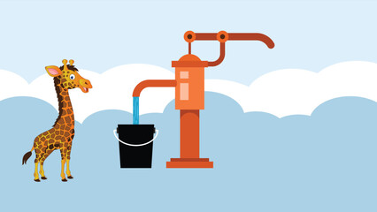 Giraffe getting water from a hand pump