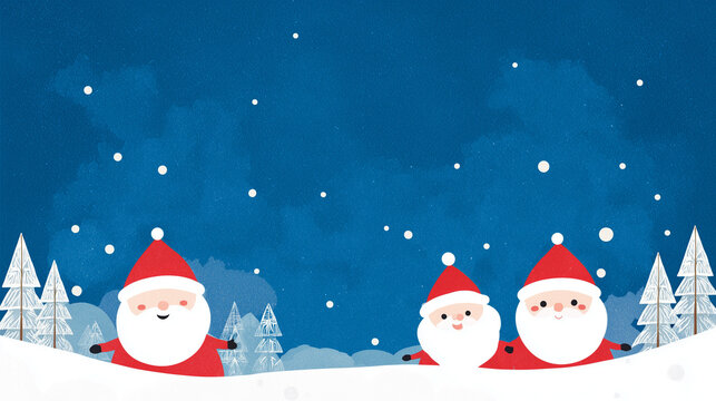 Ilustra&ccedil;&atilde;o de tr&ecirc;s Papais Noel em cen&aacute;rio nevado com fundo azul, criando clima natalino divertido, festivo e ideal para cart&otilde;es, decora&ccedil;&otilde;es e materiais sazonais