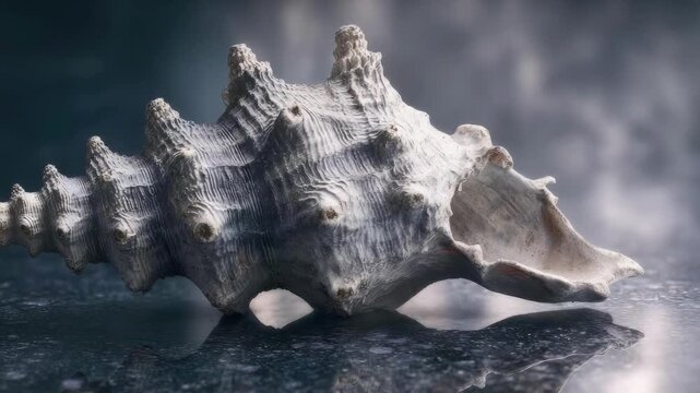 a large spiny seashell (conch) with ridged spines, resting on a dark reflective surface