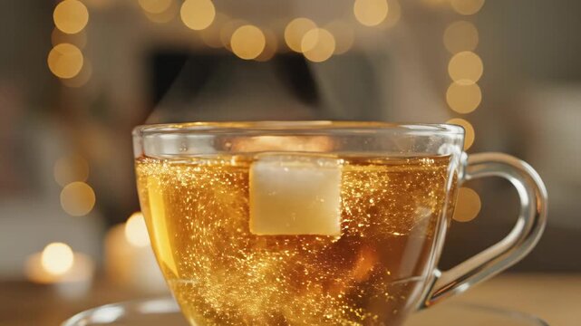 Womans hands adding sugar cube to hot tea. Cube dissolving with bubbles forming. Macro closeup footage symbolizing sweetness and refreshment in beverage ads.