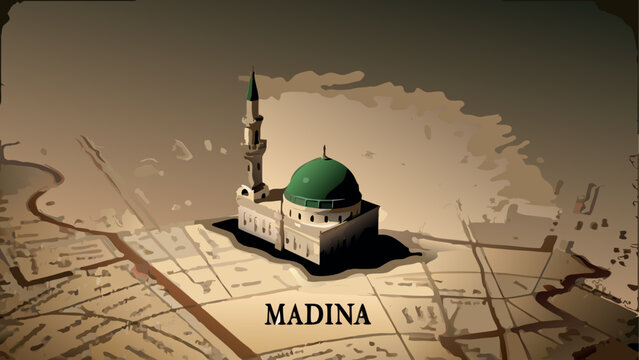 Aerial view of madina with mosque and green dome