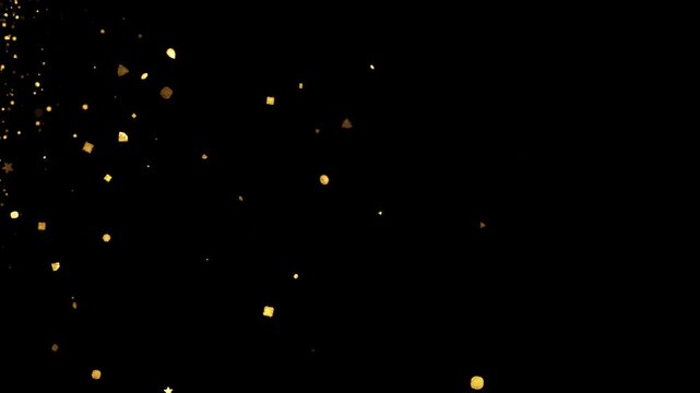 Gold Particles Moving Background. fast energy flying wave line with flash lights. Particle from below. Particle gold dust flickering on black background. Abstract Footage background for text.