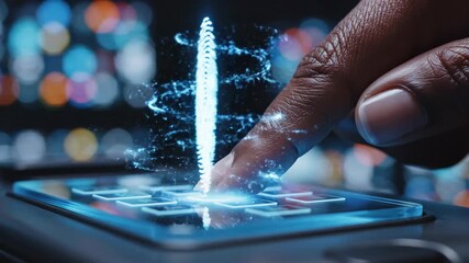 Dark-skinned hand initiating fingerprint scan on glowing smartphone screen. Digital biometric authentication process unfolding with holographic effects. Secure mobile unlocking technology concept for - Powered by Adobe