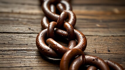 Broken rusty chain pieces scattered over worn wooden planks with subtle natural lighting