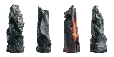 Four stylized rock formations, varying in texture and color, set against a stark, black backdrop