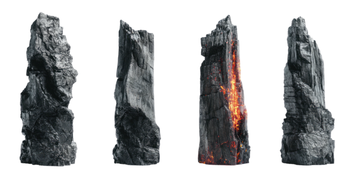 Four stylized rock formations, varying in texture and color, set against a stark, black backdrop