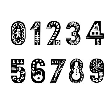 Decorative numbers, Scandinavian fairy taile naive style. Vector decorative numbers