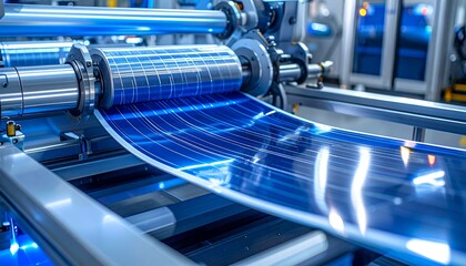 青く輝くペロブスカイト太陽電池シートが製造ラインのローラーで送り出される