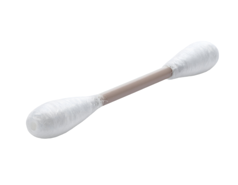 single cotton swab double ended ear cleaning stick with soft white cotton tips on isolated background