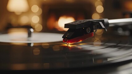 Extreme close-up macro of needle dropping onto spinning vinyl record in warm bokeh light. Nostalgic analog music playback concept for advertising retro audio experiences. Footage - Powered by Adobe