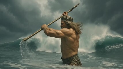 god Poseidon Powerful sea god emerging from crashing ocean waves, trident Mighty Sea Ruler Wielding a Trident Amidst Crashing Ocean Waves Under a Stormy Sky, Evoking Ancient Mythology and Divine Power