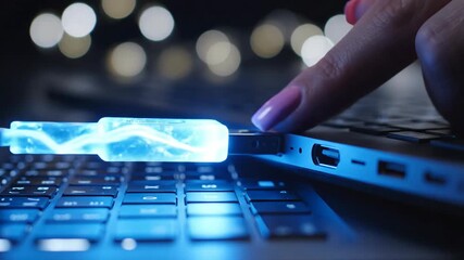 Extreme closeup macro of woman inserting glowing usb drive into laptop port. Data transfer and digital connectivity concept for tech integration advertising footage - Powered by Adobe