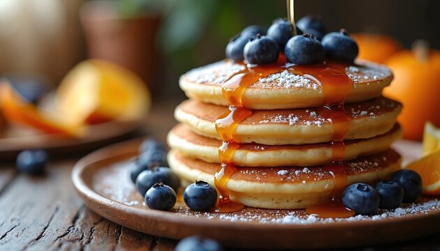 Fluffy pancakes stacked high drizzled with golden maple syrup and topped with fresh blueberries. Served on wooden table with orange slices in background. Delicious breakfast food.