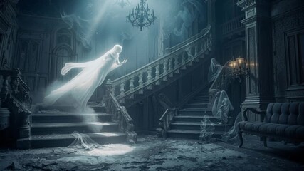 Ethereal ghost floats down dusty staircase of haunted mansion. Mysterious apparition in decaying gothic hall. Panning camera movement. - Powered by Adobe