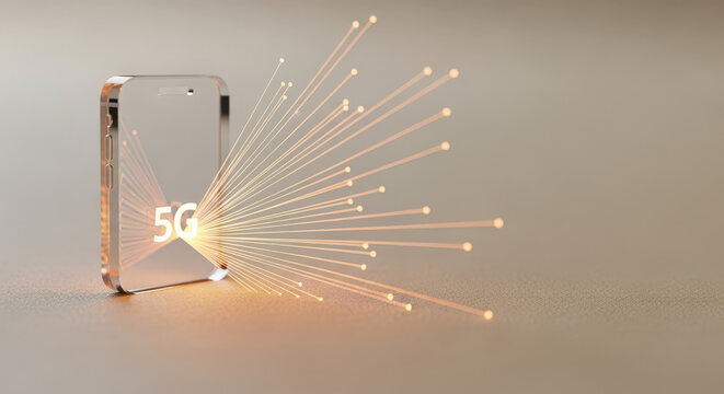 Smartphone-shaped transparent block emitting warm glowing lines representing 5G technology for telecommunications marketing, digital advertising, banner with copy space