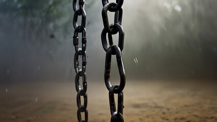 Chains disintegrating into dust in a serene mist-filled atmosphere with gentle rays of light