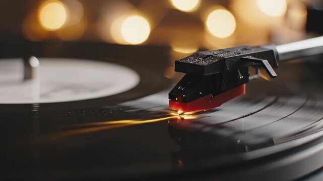 Extreme closeup macro of vinyl record with needle approaching groove. Analog music playback sequence in warm bokeh lighting. Retro audio concept footage for nostalgic advertising.
