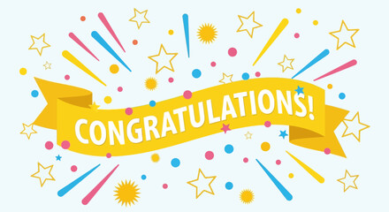 Colorful congratulations banner with confetti and stars on light blue background