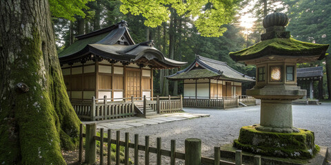 Traditional japanese shrine with mossy stone lantern