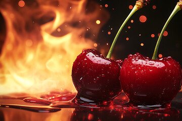 Delicious red cherries glistening on fire background, a sweet treat with a tempting taste, perfect for dessert promotions and healthy lifestyle ads