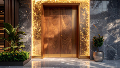 AI-generated image of Luxurious Wooden Door with Glowing Golden Frame and Dark Marble Wall.Decorative plants in modern planters and reflective marble flooring enhance the opulent 